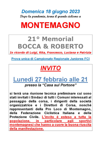 Montemagno | Riunione tecnica per 21° Memorial Bocca & Roberto